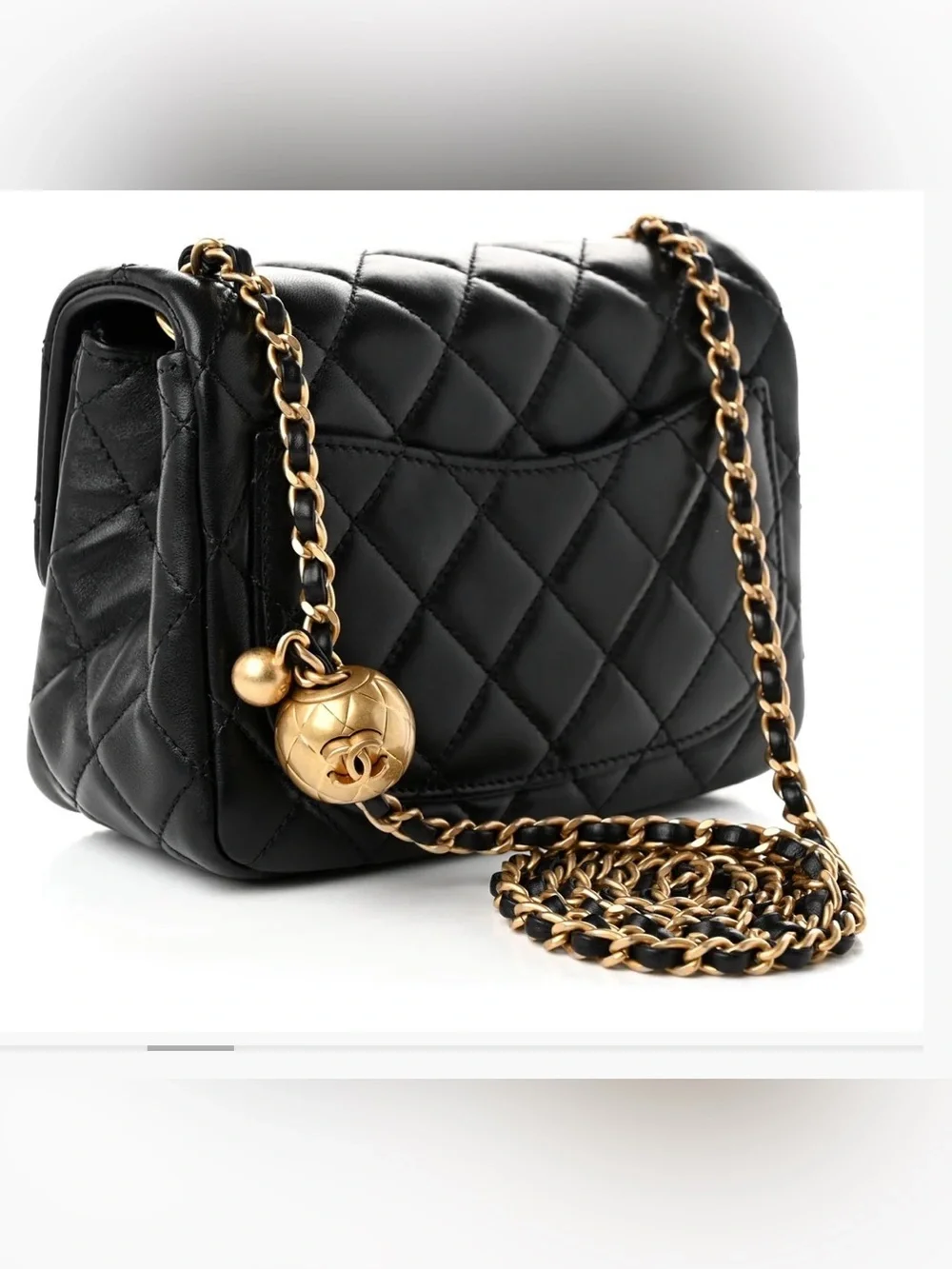 Chanel Black Quilted Lamb Ski  Mini Pearl Crush Flap Bag with Gold Chain